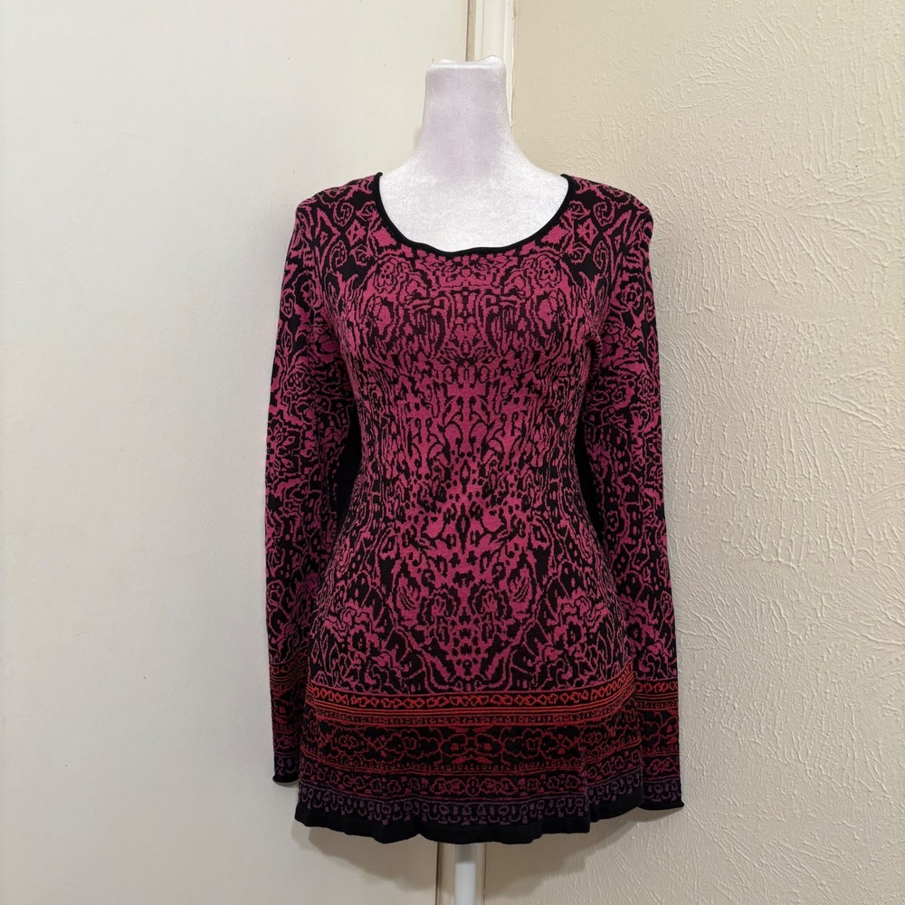 NIC+ZOE Pink Black Damask Knit Long Sleeve Sweater
